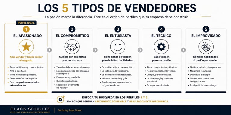 Infographic showing 5 types of salespeople: the passionate, competitive, enthusiast, strategic, and improviser, with characteristics and tips for each profile