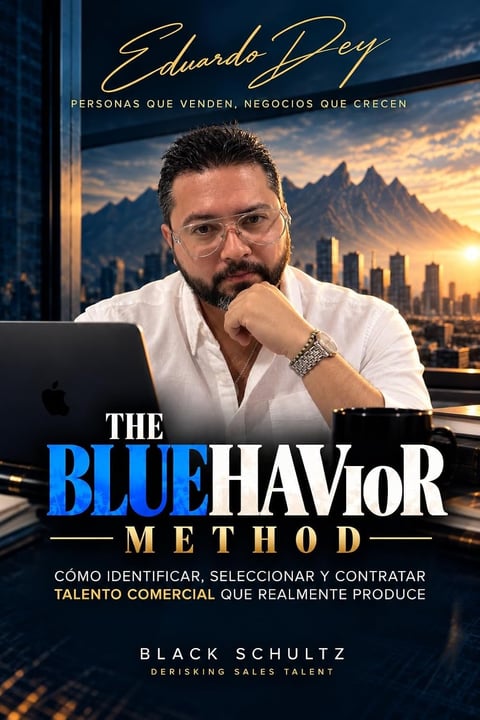 Man in white shirt at laptop overlooking city skyline with text The Blue Havior Method and Eduardo Dey branding